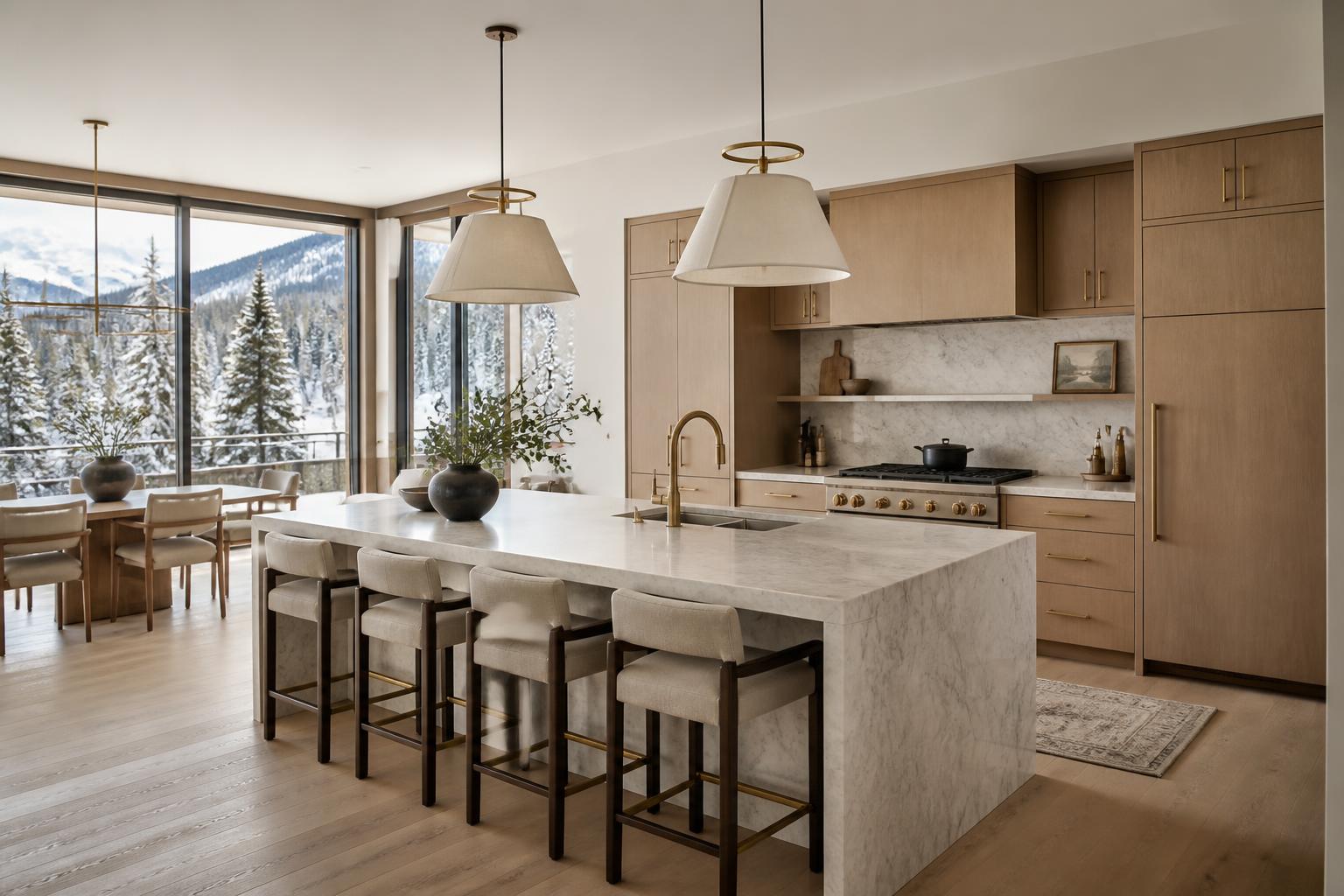 Modern Park City home kitchen with white oak cabinetry, marble island, and mountain views