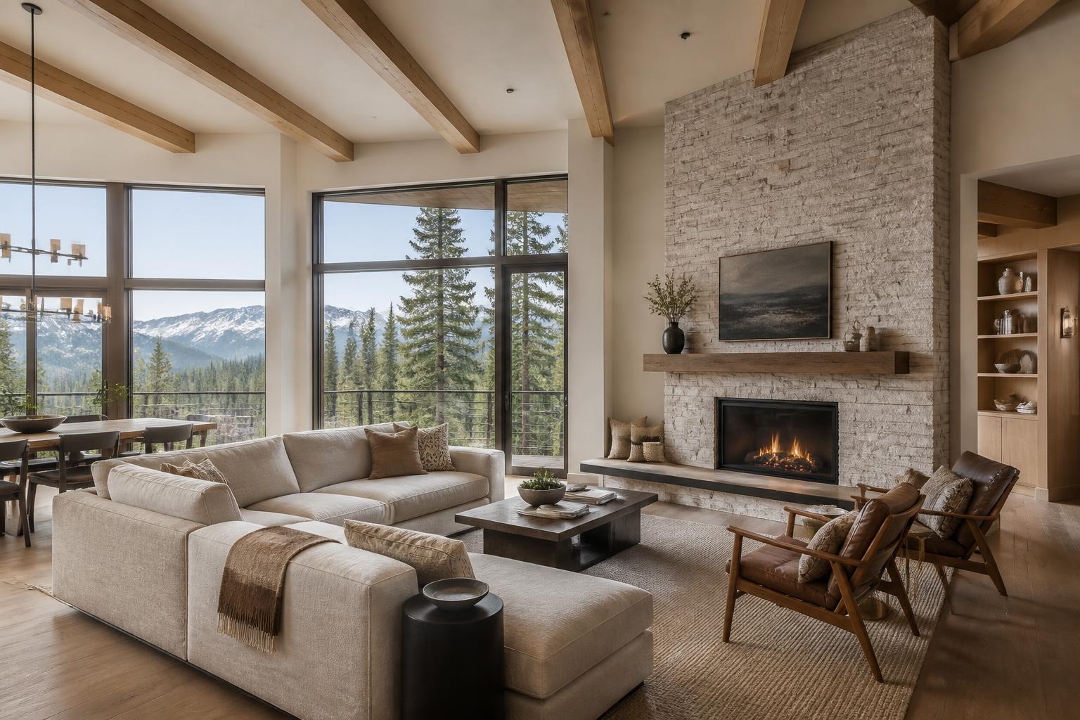 Modern Park City home living room with stone fireplace, oak beams, and mountain views